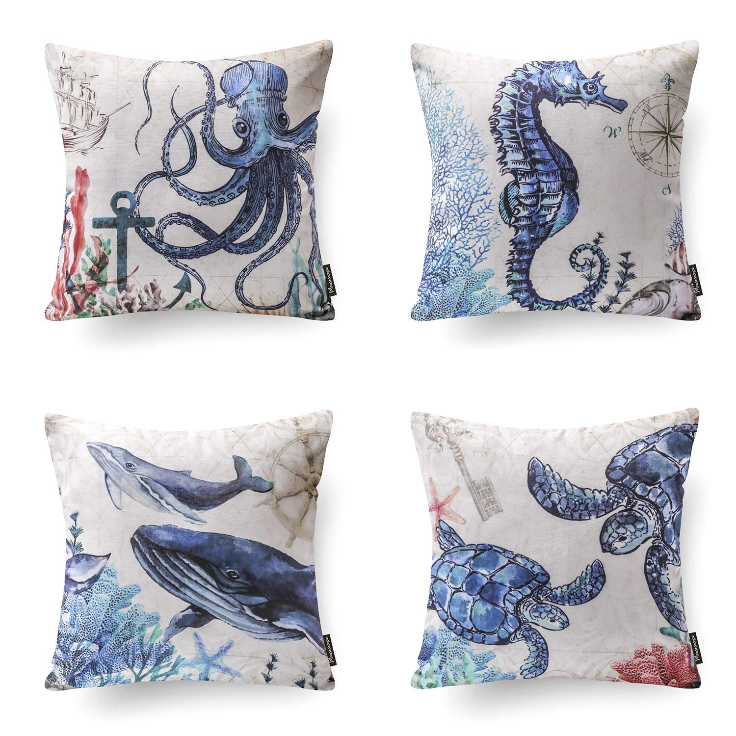 US SELLER-2pcs nautical seahorse ocean animal cushion cover decor pillows 