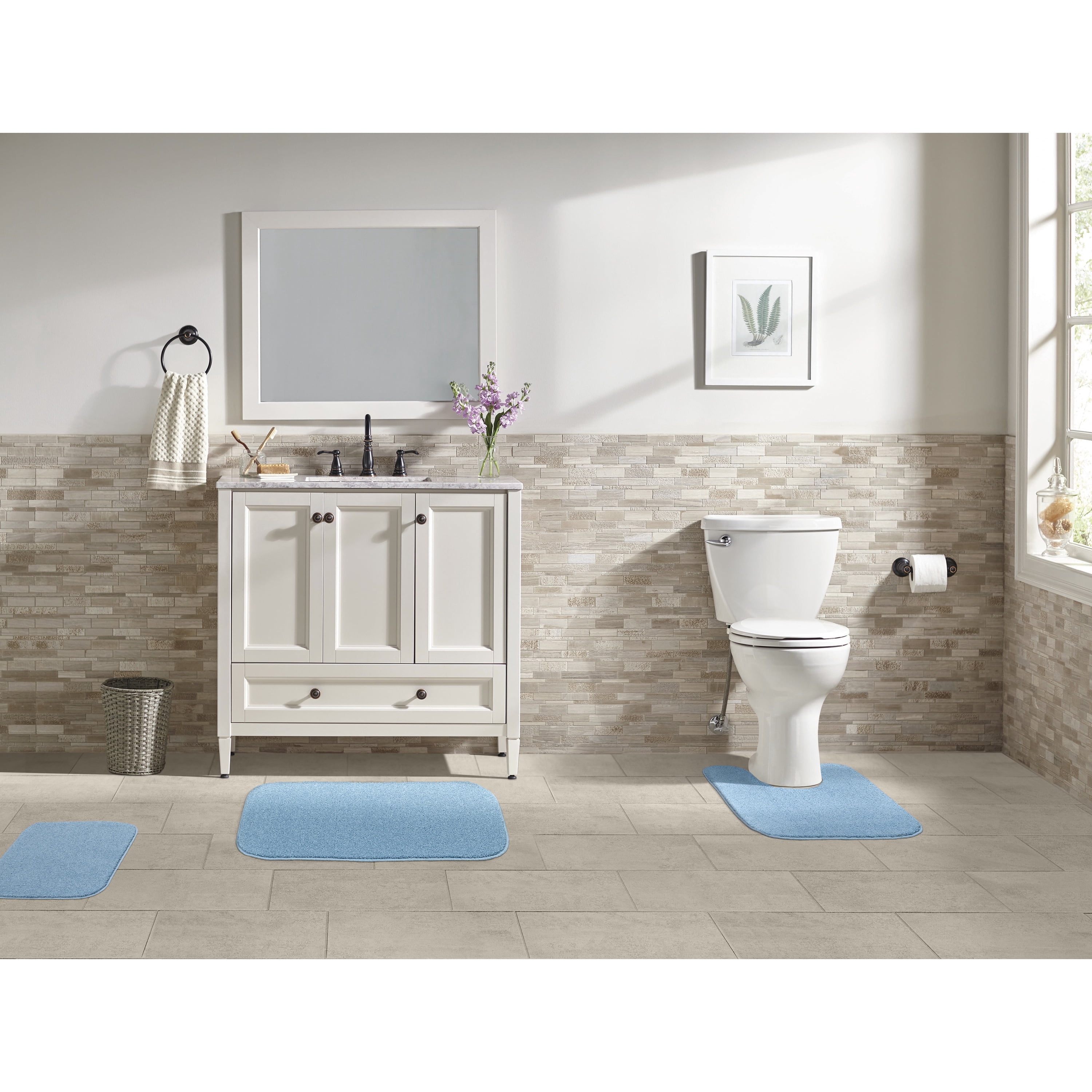 Garland Rug Sedona Washable Bath Rug Set, 3 Piece Set (2 Bath Rugs, & Contour Rug) Basin Blue