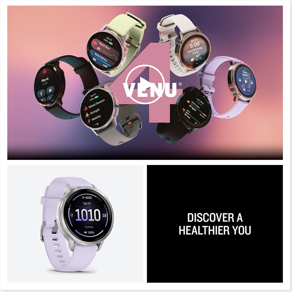 Garmin 010-03013-01 Venu 4, 41mm Health & Fitness GPS Smartwatch Silver with Periwinkle Silicone Band Bundle with 2 YR CPS Extended Warranty