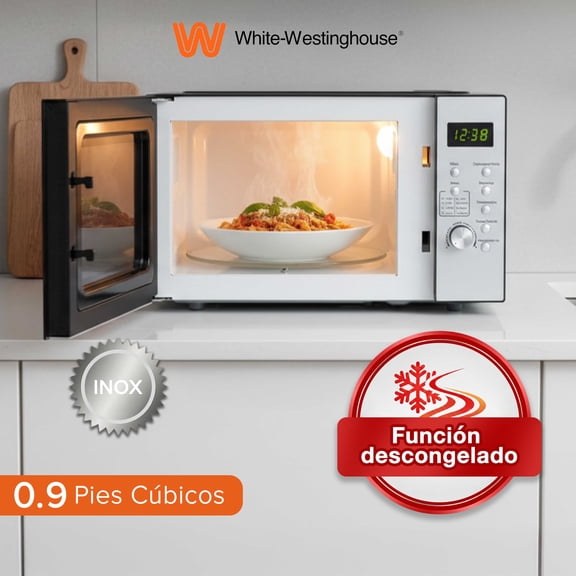White Westinghouse  Horno de Microondas 0.9 pies  Modelo WWCMV092533WECR  Display LED  Perilla de control electrónico Botones para programas-60min cocción Plato Giratorio  Descongelado