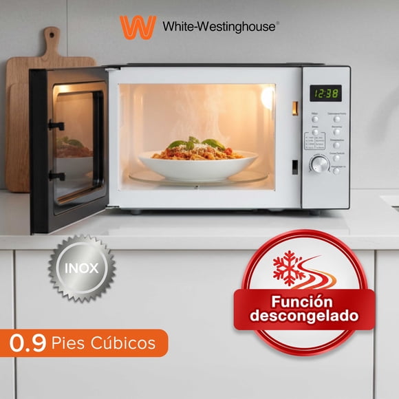 White Westinghouse Horno de Microondas 0.9 pies Modelo WWCMV092533WECR Display LED Perilla de control electrónico Botones para programas-60min cocción Plato Giratorio Descongelado