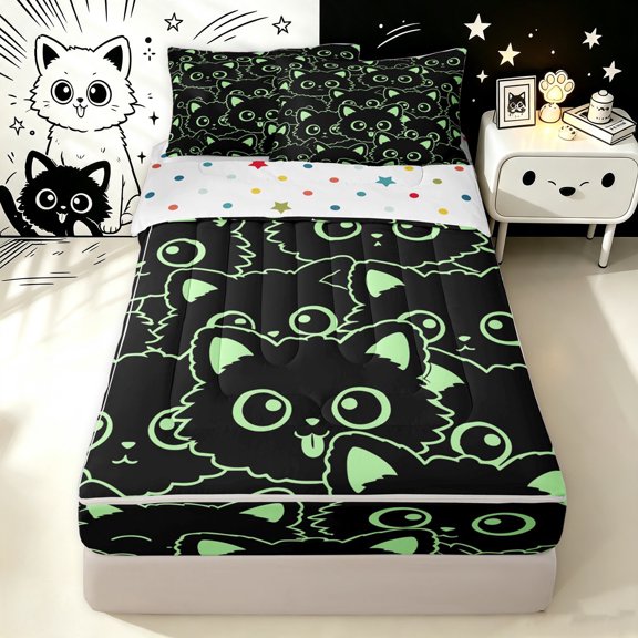 Manfei Cute Simple Cat Zipper Twin Comforter Sets with Fitted Sheet and 2 Pillowcases, Cartoon Kitten Zipper Bedding Set, Black Green, Polkadot Reversible, 4 Pieces