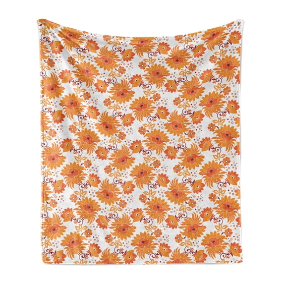 Orange Soft Flannel Fleece Blanket, Old Fashion Flowers in Full Blossom Damask Inspired Traditional Vintage, Cozy Plush for Indoor and Outdoor Use, 50" x 60", Orange Marigold Maroon, by Ambesonne