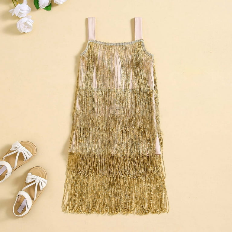 FAOWME Girls Flapper Dress Sequins Fringe Latin Dance Dress Tassel Tango  Dress Gold 7-8 Years