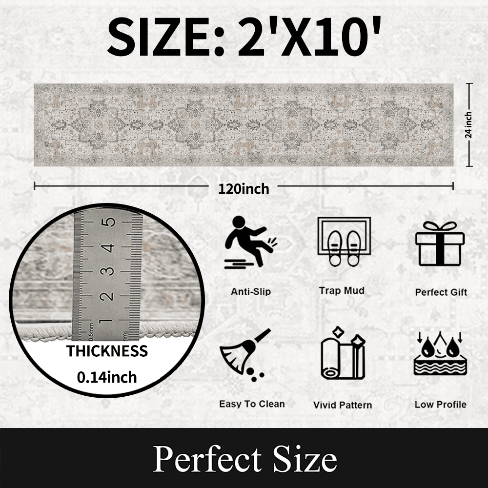 Runner Rugs for Hallway, 2x10 Washable Soft Non Slip Floor Rugs for Kitchen, Modern Mat for Living Room Bedroom Entryway Gray & white