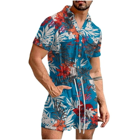

Men Casual Pocket Turndown Hawaii Print Button Placket Siamese Suit
