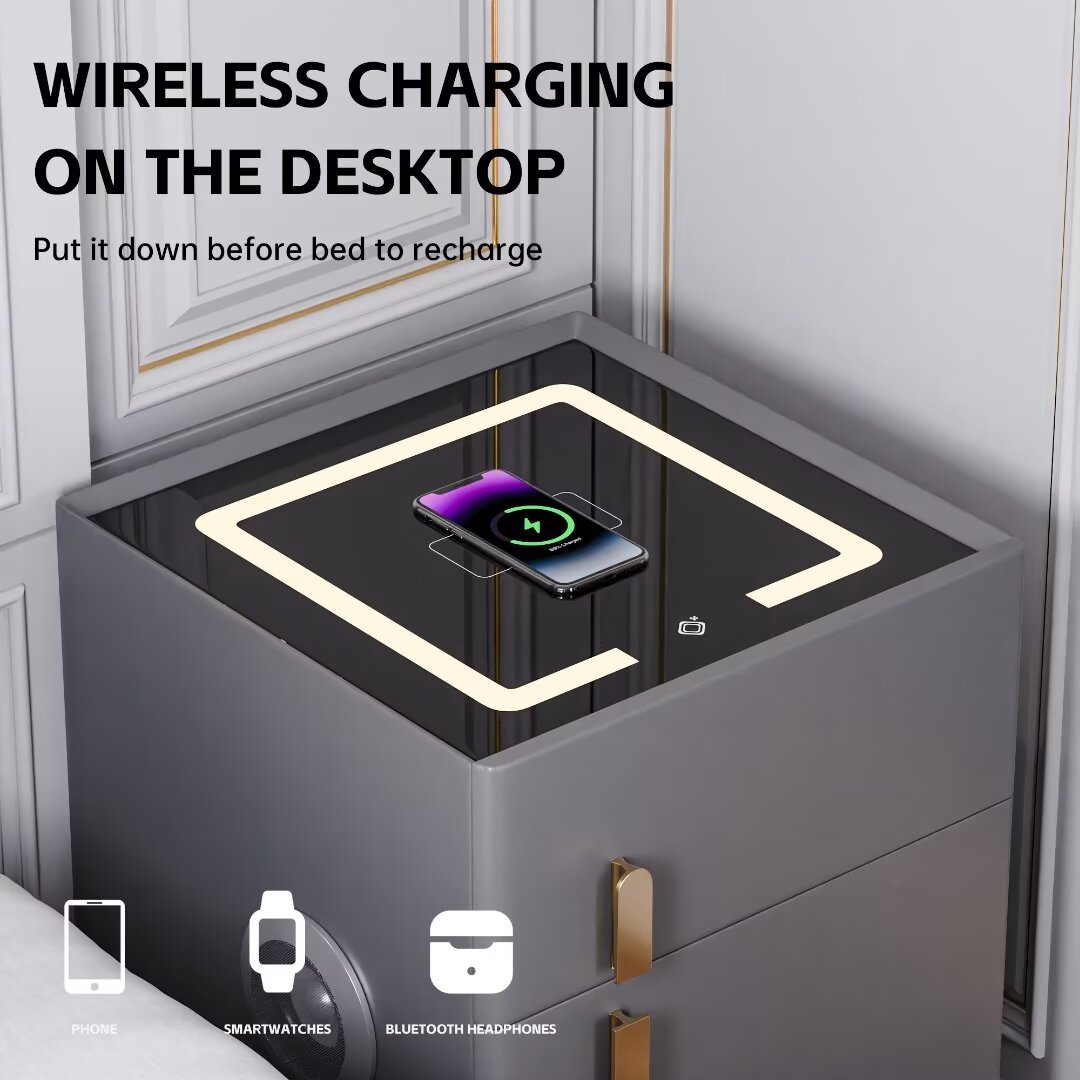 AFANQI Nightstand With Safe Box And Led Lights And Wireless Charge And Bluetooth Speaker