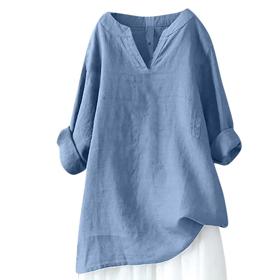 Cotton Linen Fall Tops,Cotton Linen Shirts for Women Plus Size V Neck Long Sleeve Summer Tops Casual Loose Fit Vintage Blouse Tunic Top
