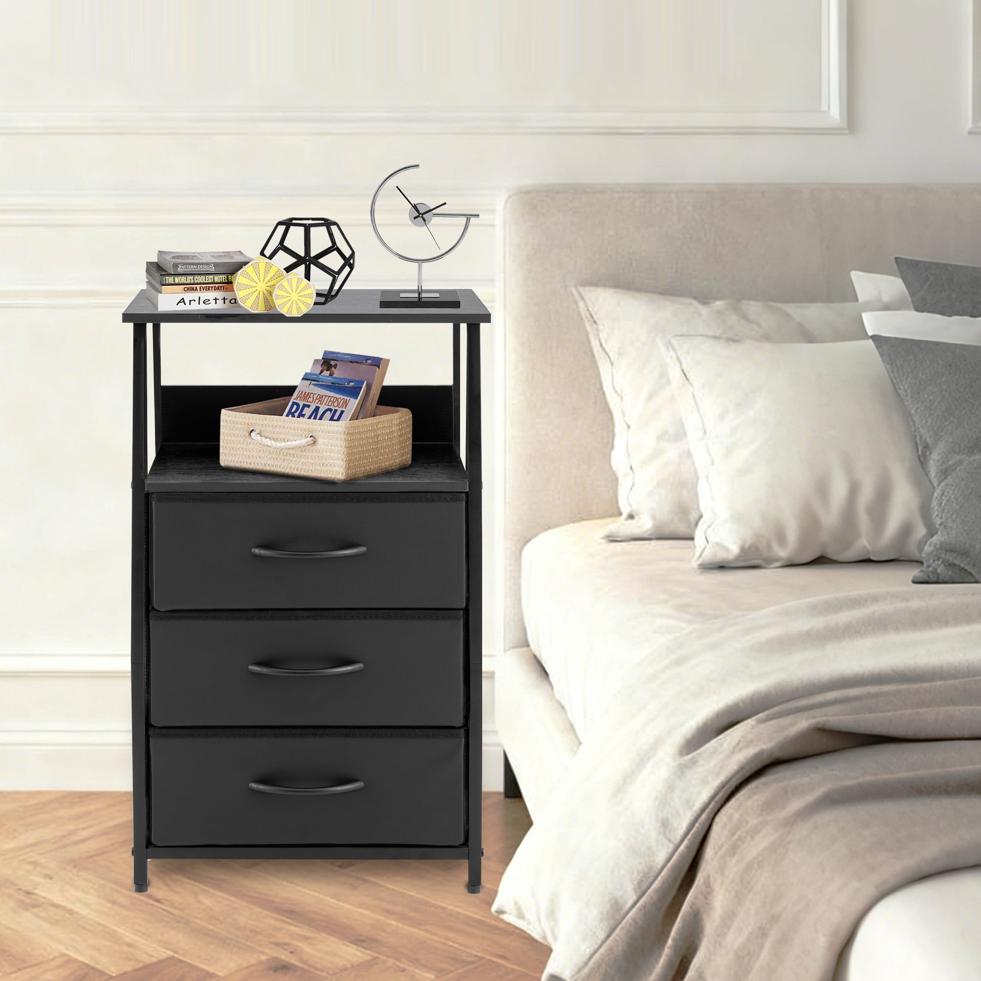 YEEZEE Bedside table with 3 fabric-covered drawers and an open shelving unit,ideal for bedrooms, entryways, and college dorms, easy to assemble. black