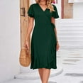 thumbnail image 5 of QUYUON Wrap Dress for Women Midi Dresses for Women V-Neck Short Sleeve Ruffle Mid-Length Dress Wedding Guest A-Line Evening Party Vintage Cocktail Dress Beach Sundress Style D-1721 Army Green L, 5 of 5