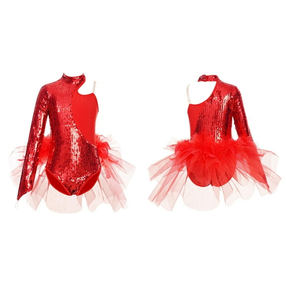 iixpin Kids Girls Sequins Ballet Dance Leotard One Shoulder Long Sleeve Gymnastics Bodysuit Costume Tulle Mesh Skirt Red 8