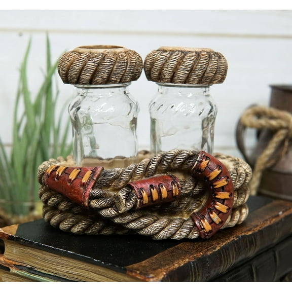 Rustic Western Cowboy Braided Lasso Ropes Salt And Pepper Shakers Holder Set