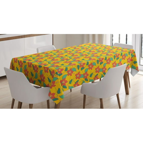 Floral Tablecloth, Flowering Meadow Retro Cottage Cabin Yard Pattern Countryside Theme, Rectangular Table Cover for Dining Room Kitchen, 52 X 70 Inches, Dark Coral Teal and Yellow, by Ambesonne