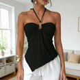 thumbnail image 2 of Domzest Womens Asymmetrical Hem Halter Tank Top Slim Fit Blackless Metal Ring Front Ruched Top Summer Tie Up Cami Tank Black M, 2 of 7