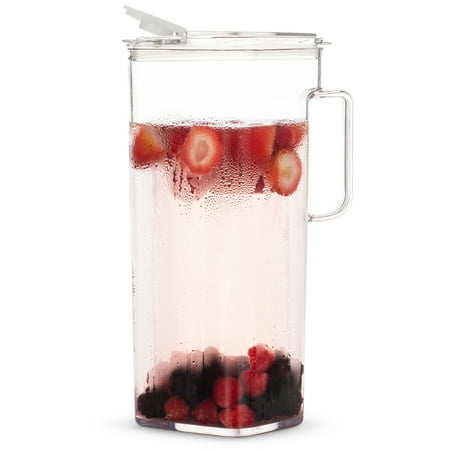 Orange Juice Pitcher - Komax Clear Large Tritan Pitcher with Lid | 77 Oz - 2.4 Quart (Full Capacity Jug) | Great Carafe for Water, Juice, Ice Tea, Lemonade, Ice Coffee | Airtight, BPA Free, Square Shape Water Pitcher