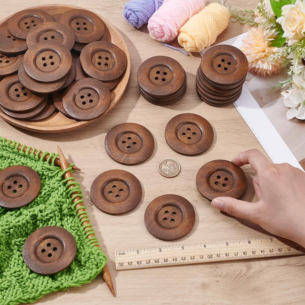 44Pcs Wood Buttons 4-Hole Flat Round Black 60x5mm Hole: 5mm