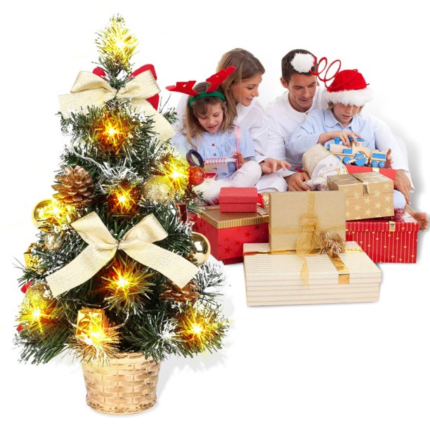 15.7-inch Pre-Lit Battery Operated Tabletop Mini Artificial Christmas Tree Decor with UL-Certified LED Lights, Red Berries, Gold Ornaments, ...