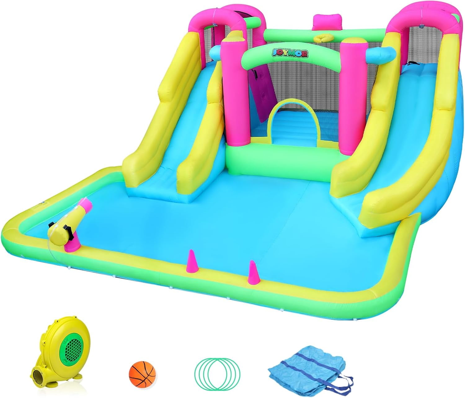 JOYMOR 8-in-1 Inflatable Water Slide Bounce House for Kids Backyard w/2 Slides, 2 Climbing Wall, Ring-Toss, Large Pool, 1min Blow Up Water Slide Includes 750w Air Blower, Storage Bag