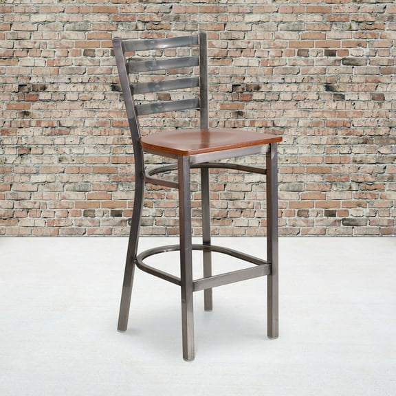 BizChair 2 Pack Silver Antique Finish with Clear Coat Ladder Back Metal Restaurant Barstool - Cherry Wood Seat