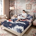 thumbnail image 3 of Manfei Ukiyo-e Koi Wave Queen Sheet Sets for Home, Plum Branch Bed Set for Office, Navy White 4 Pieces, 1 Flat Sheet, 1 Fitted Sheet and 2 Pillowcases, 3 of 6