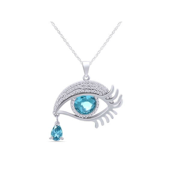 2CT Aquamarine 925 Silver Angel Eye Teardrop Pendant 14K White Gold Plated