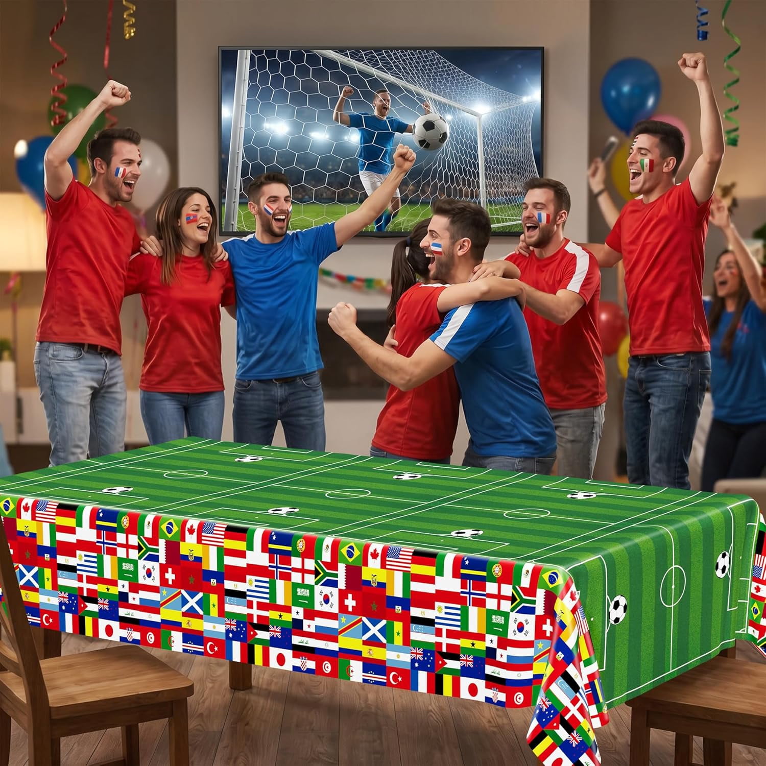 6 Pcs Soccer Tablecloths for Birthday Party Decorations 54 X 108 Inch, Disposable Plastic Table Cover, 2026 Around the World Flags Green Rectangle Tableware Set for Sports Theme Game Party Supplies