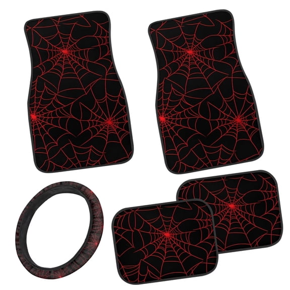 Pzuqiu Red Cobweb Car Floor Mats Car Steering Wheel Cover Full Set Easy to Install 5 Piece Car Floor Mats All Weather with Anti-Slip Pad Removable Automotive Accessories for SUV, Vans,Sedan,Truck