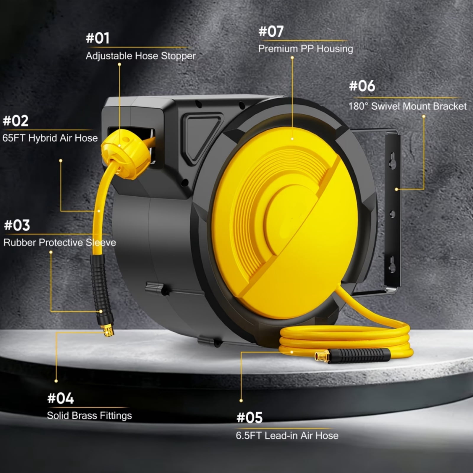 Dkenicor 70ft Retractable Air Hose Reel,5/16" 300 PSI Heavy Duty with 180° Swivel & Lock,6.5ft Lead-in Hose for Garage Workshop,Yellow