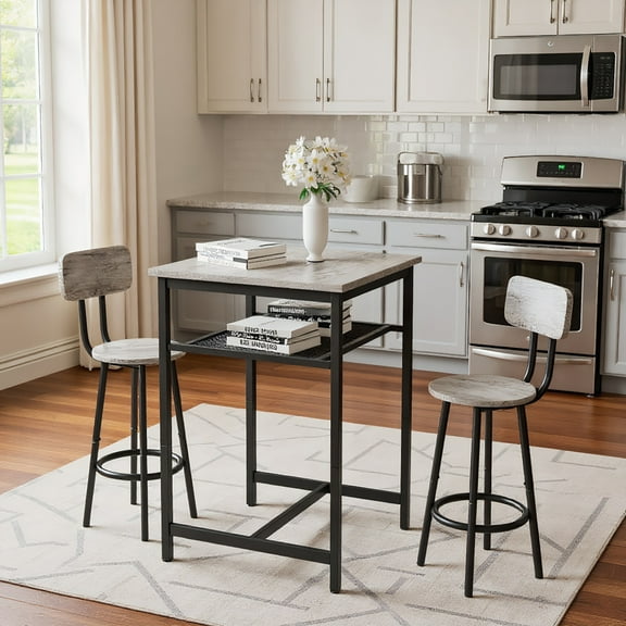 Resenkos Bar Table with 2 Bar Stools, Equipped with Backrest & Partition - Gray