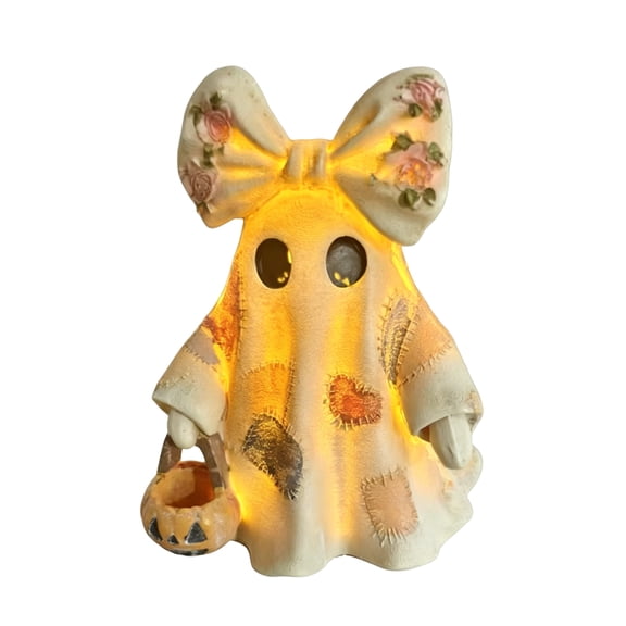 Patchwork Ghost Halloween Decor Battery Operated Retro Spooky Ghost Desktop Lamp Lighted Ghost Table Ornament for Home Office Party & Indoor Use