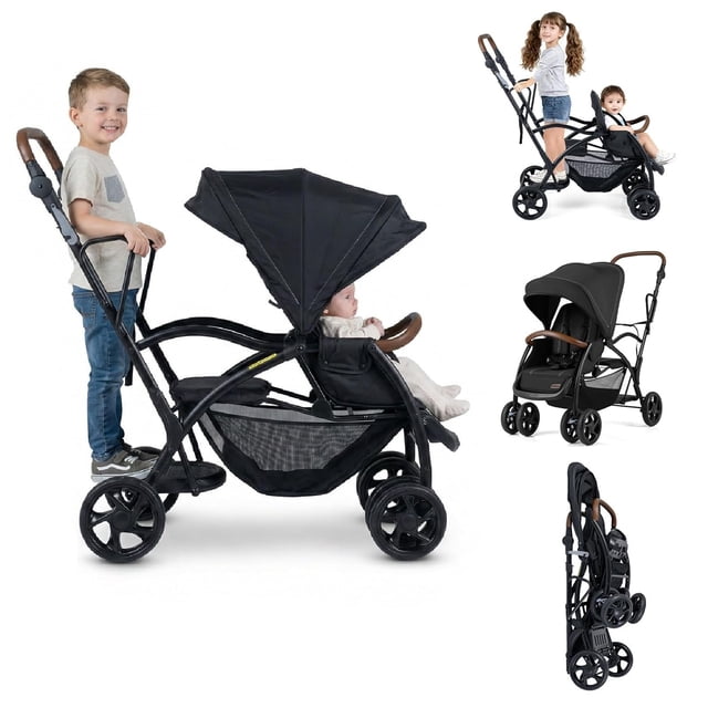 INFANS Double Stroller with Leather Handle, Front Seat 2-Position Recline, Rear Standing Board, 5-Point Harnesses, Dual Rear Brakes and Lockable Front Wheels, Baby Pushchair for Toddlers