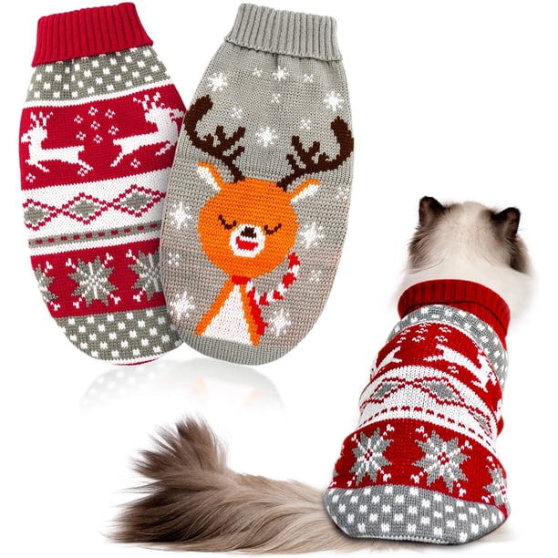 Paquete de 2 suéteres navideños para gatos: suéter navideño para cachorros, suéteres de copo de nieve para gatitos y perros pequeños, suéter de cuello redondo para gatitos y cachorros (rojo talla 16, gris talla 14) JM