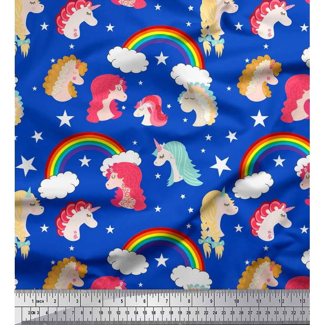 Soimoi Blue Poly Georgette Fabric Rainbow & Unicorn Face Print Sewing Fabric Yard 52 Inch Wide