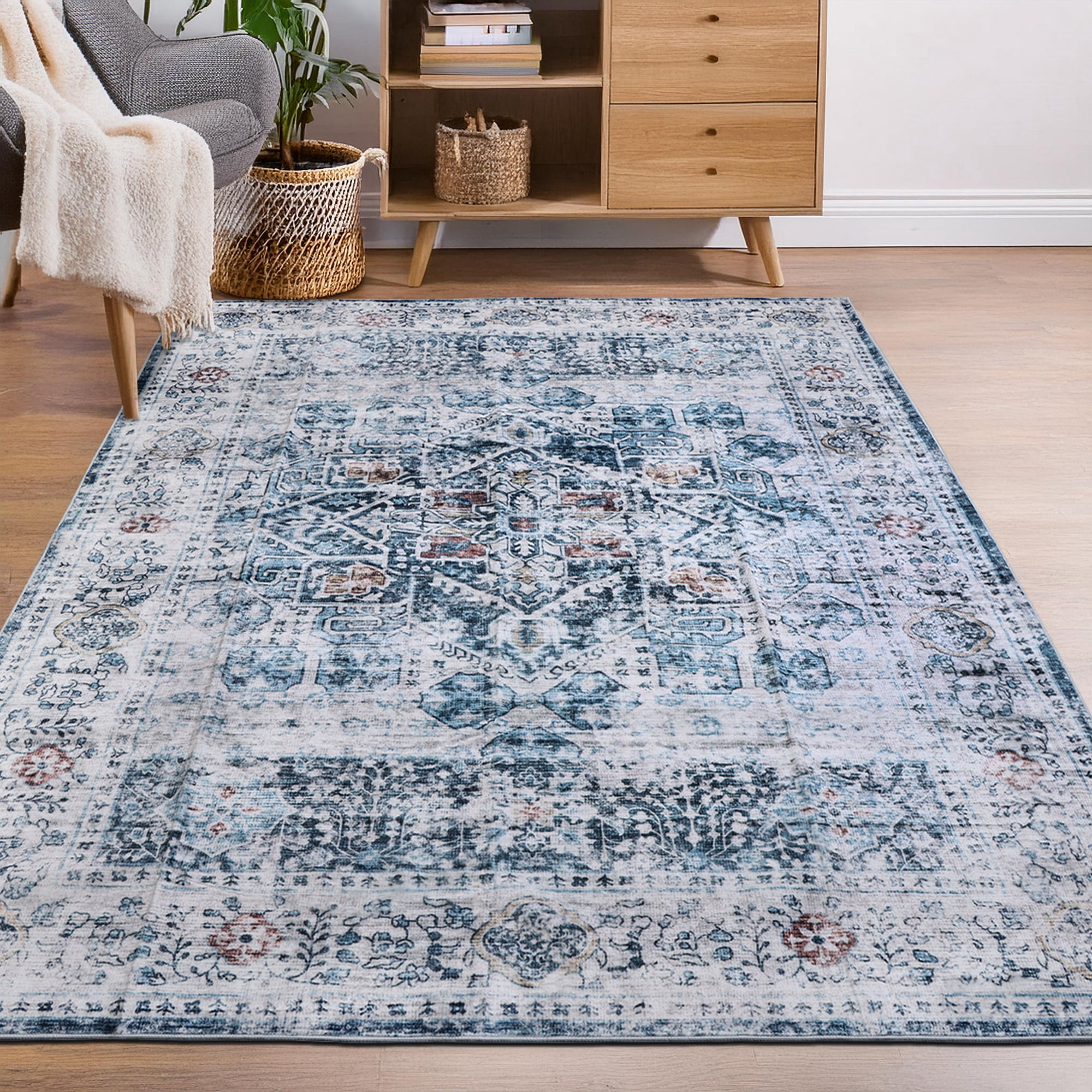 Delara 8'x10' Machine Washable Area Rug, Soft & Durable, Non-Slip, Stain Resistant, Misty Azure, for Bedroom, Living & Dining Room