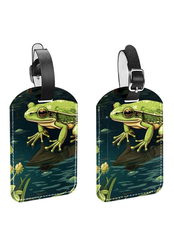 Square 2Pack PU Leather Frog Cruise Luggage Tag with Privacy Cover and Name ID Tag for Travel Handbags Backpacks Luggage Tags