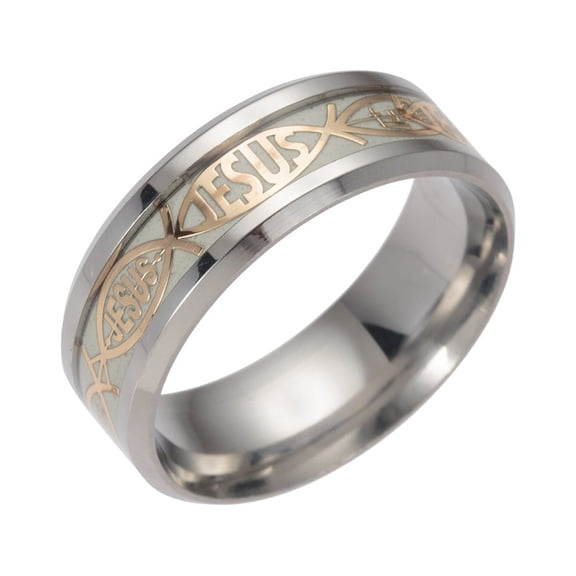 Glow in Dark Jesus Wedding Band Ring Silver Steel Men Women Ginger Lyne Collection - 7