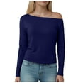 thumbnail image 2 of kaprioy Women's Boat Neck Tops Long Sleeve Shirts Casual Fitted Tee Shirts Solid Color Fall Basic Clothes Navy, XL, 2 of 8