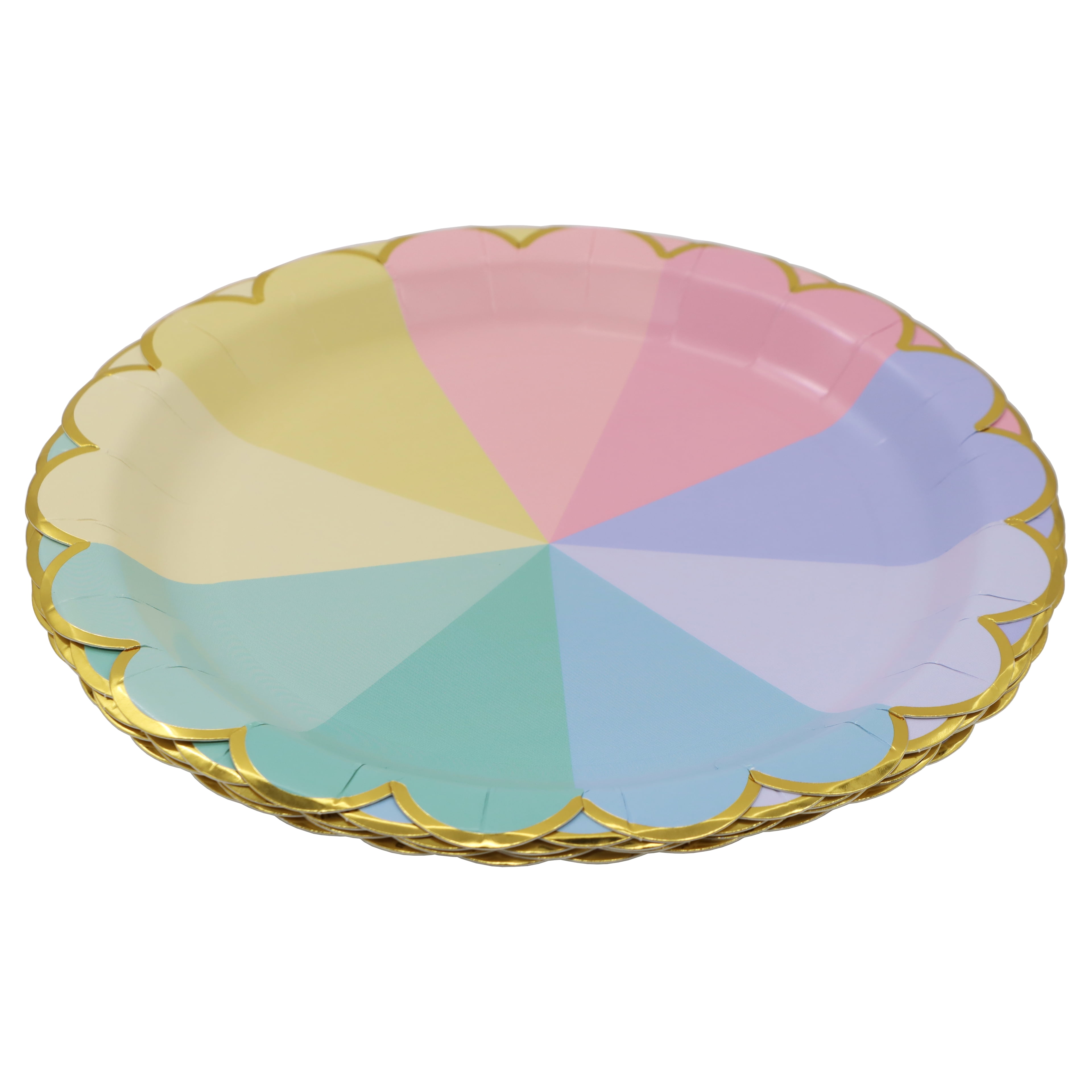 Celebrate It Paper Plates - Rainbow Dinner Plates with Gold Foil Scalloped Edges, Rainbow/Gold, 9", 12 Packs (120 Total)