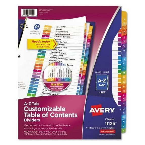 Avery Customizable Toc Ready Index Multicolor Tab Dividers, 26-Tab, A To Z, 11 X 8.5, White, Traditional Color Tabs, 1 Set (11125)