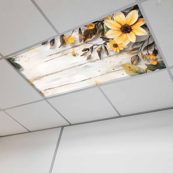 Yellow Floral Spring Fluorescent Light Covers, Vintage Summer Botanical Magnetic Light Covers for Ceiling Lights, Fluorescent Ceiling Shade Filters for Classroom Bedroom Office 4x2Ft x 1PCS