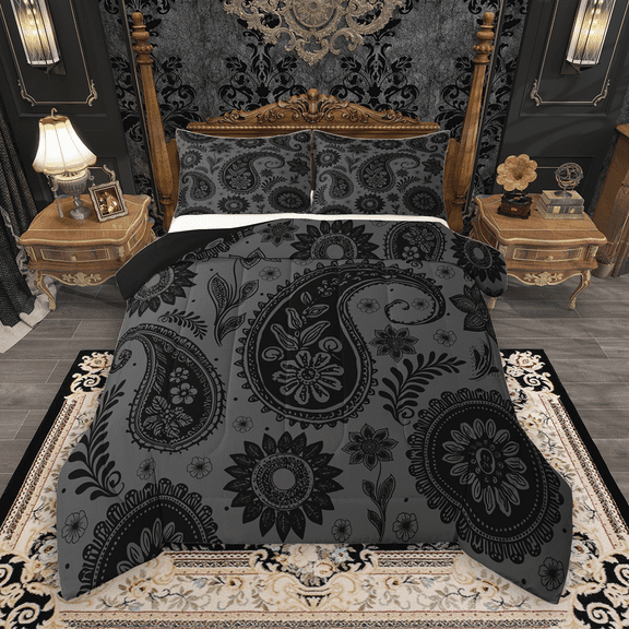 Manfei Bohemian Paisley Bedding Comforter Set 2pcs, Hippie Mandala Twin Comforter Sets, Black Gray Bedding Set, Luxury Bedroom Decor