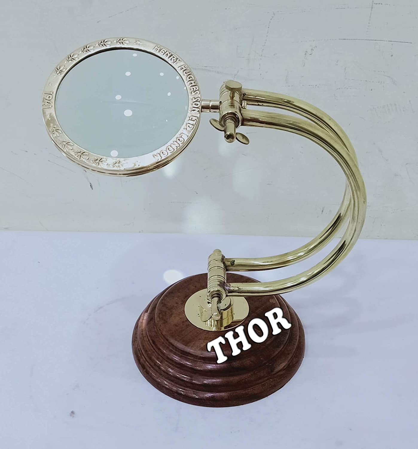 Antique Brass Magnifying Glass on Wooden Base Nautical Magnifier Lens