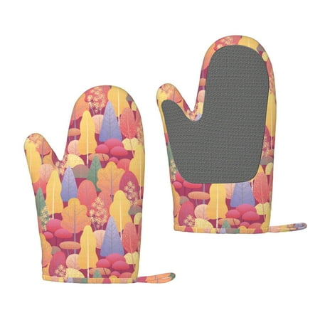 

Hirioo Colorful Autumn Forest Trees for Silicone Oven Mitts for BBQ Baking Cooking Set of 2 Heat Resistant 260℃ Non-Slip Kitchen Essentials