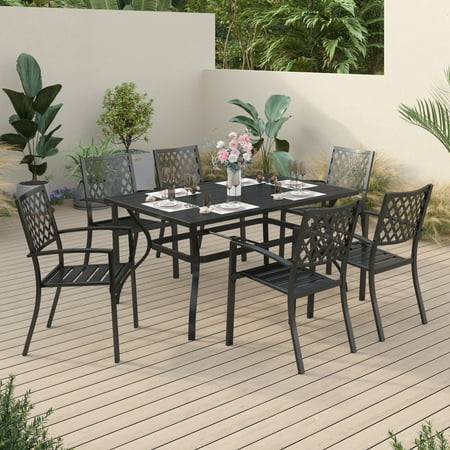 Sophia & William 7 Piece Metal Outdoor Patio Dining Bistro Sets Outdoor Table and Chairs with 6 Metal Stackable Chairs and 60 x 38 Rectangle Table Black