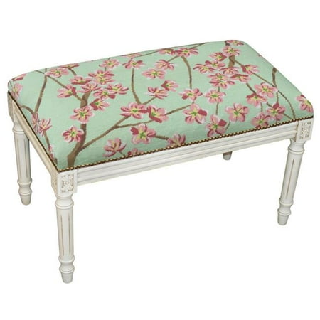 Antique Wash - 123 Creations C920BWBC 100 Percent Wool Green Blossoms Needlepoint Upholstered Solid Wood Bench - Antique White Wash
