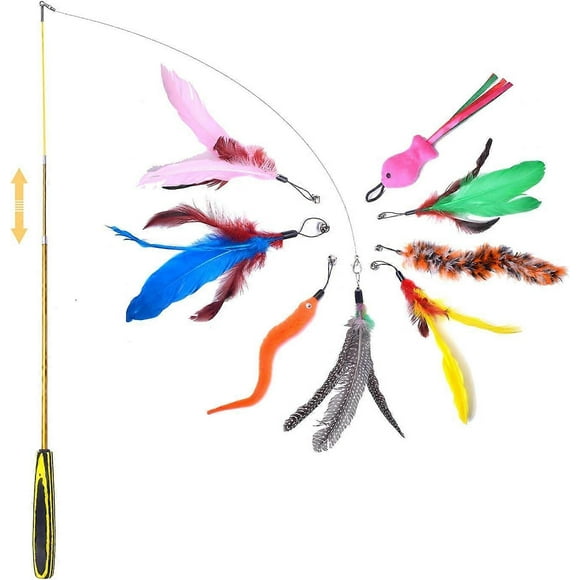 Feather Toy for Cats, Interactive Retractable Fishing Rod Toy with 8 Refills and Spare Hook for Indoor Cats and Kittens