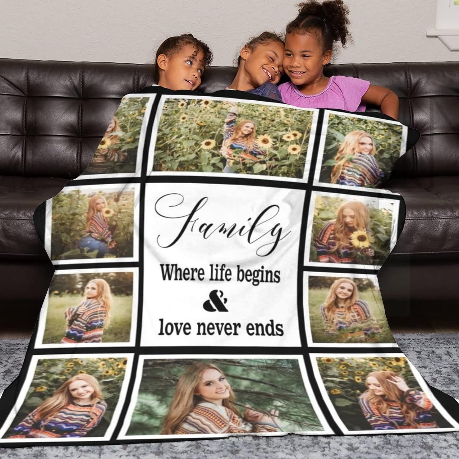 Custom Blanket with Text Photo Collage Customized Blankets with Pictures, Personalized Throw Blanket for Father, Mom, Kids, Dogs, Friends Couple or Lover as Christmas Birthday Gift