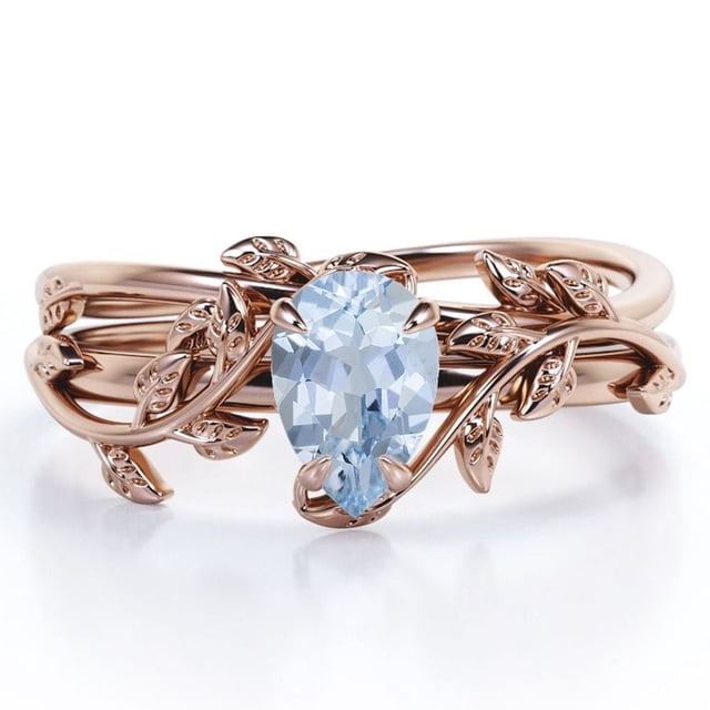 JeenMata Anillo Nupcial con Diseño de Hojas de Aguamarina en Forma de Lágrima de 1 Quilate con Engaste en Garras, Chapado en Oro Rosa de 18 K sobre Plata