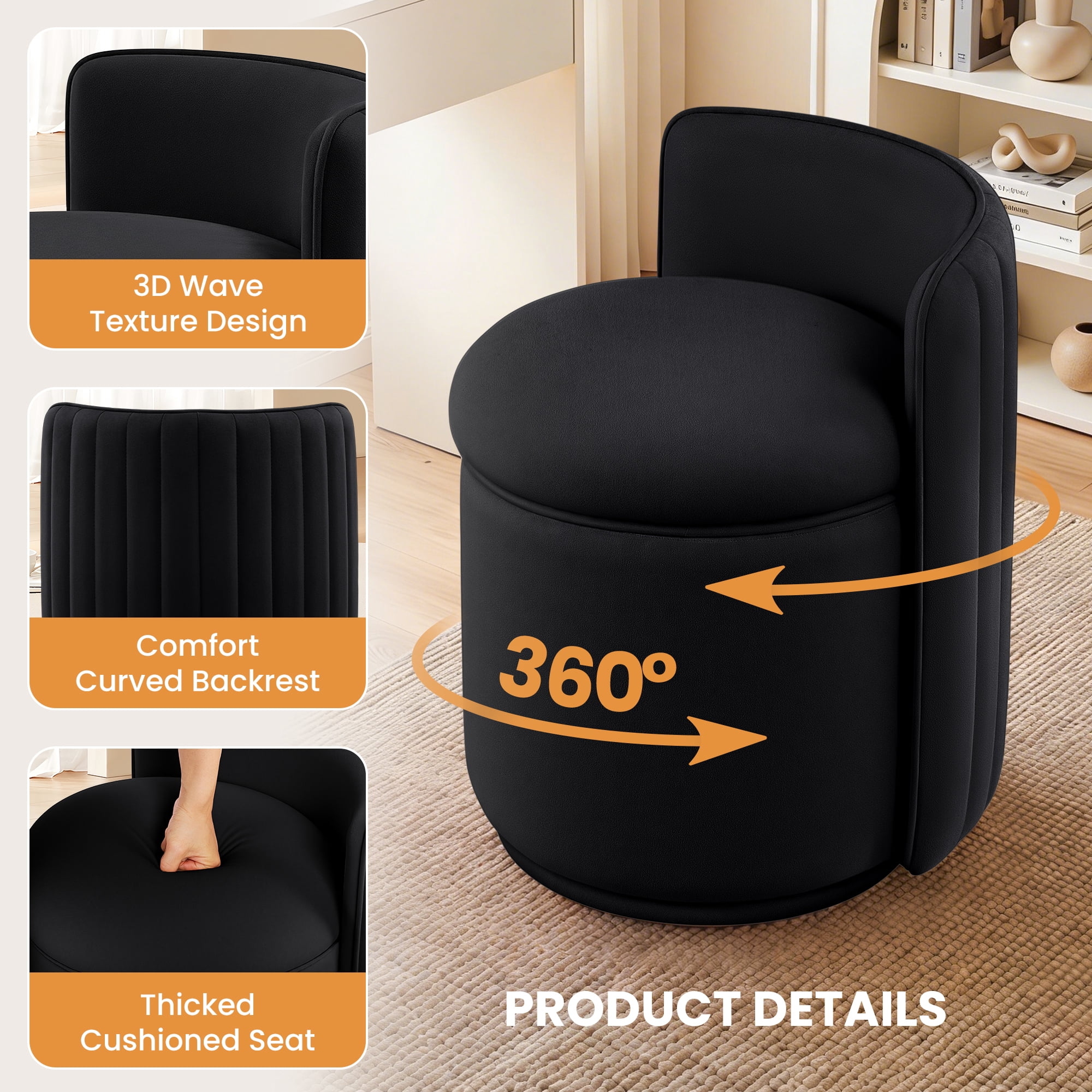 ATHOPE Vanity Chair with Storage, Velvet 360° Swivel Chair with Back, Modern Round Upholstered Bedroom Chair, Comfy Makeup Chair for Dressing, Living Room, No Assembly Required, Black