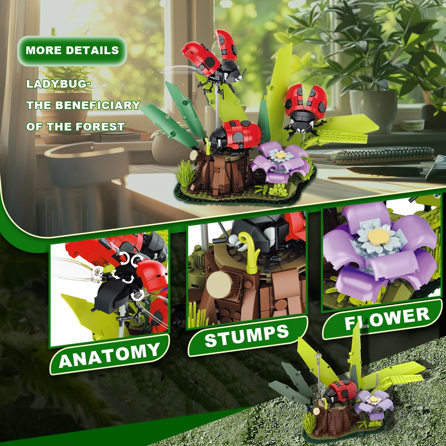 Insect Collection, Ladybug Building Set, Compatible with Lego Ideas Reptilian Animals Bugs Insect Collection Display Model, STEM Gift for Nature Lovers, 8 9 10 11 12 Boy Girl or Adult, Decor, 741PCS